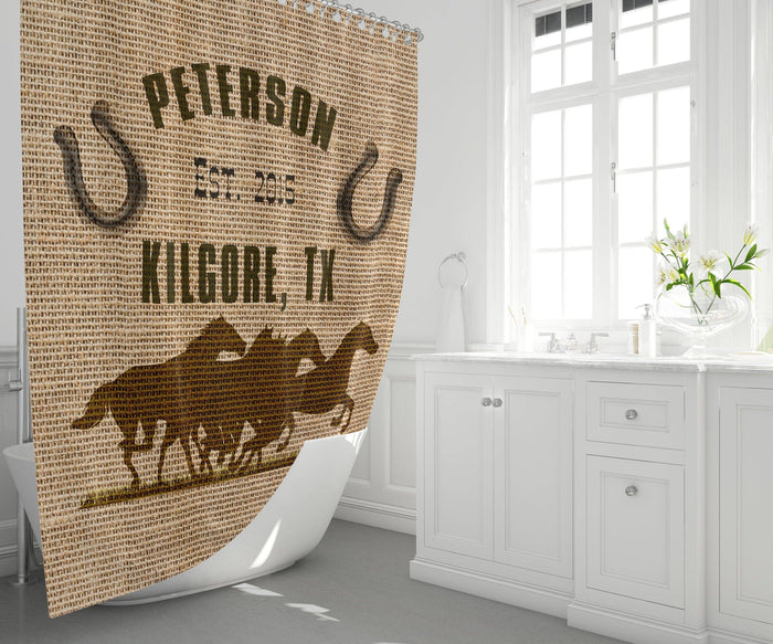 Rustic Farmhouse Shower Curtain Personalized Horses | Long and Extra Long Shower Curtain | Faux Burlap Brown Print - Deja Blue Studios