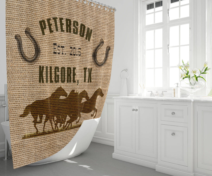 Rustic Farmhouse Shower Curtain Personalized Horses | Long and Extra Long Shower Curtain | Faux Burlap Brown Print - Deja Blue Studios
