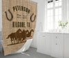 Rustic Farmhouse Shower Curtain Personalized Horses | Long and Extra Long Shower Curtain | Faux Burlap Brown Print - Deja Blue Studios