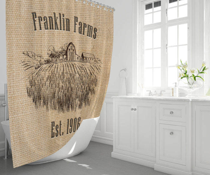Personalized Rustic Farm Shower Curtain with Optional Bathmat | Wheat Farm, Barn, Faux Burlap - Deja Blue Studios