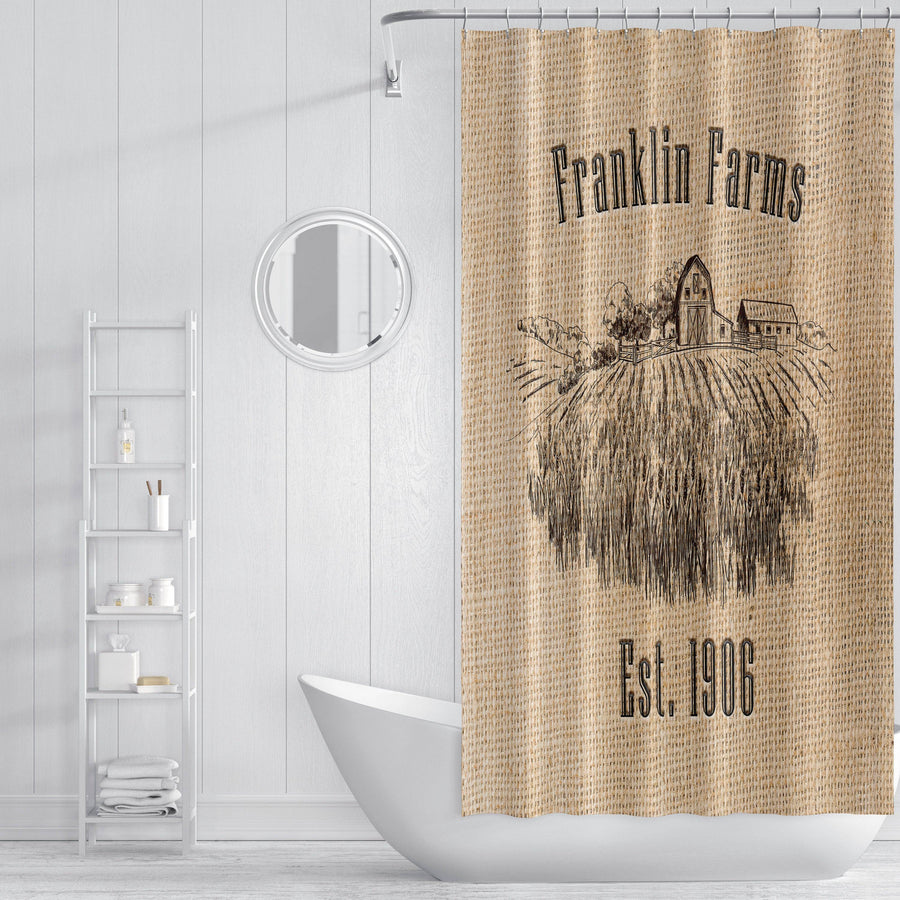 Personalized Rustic Farm Shower Curtain with Optional Bathmat | Wheat Farm, Barn, Faux Burlap - Deja Blue Studios
