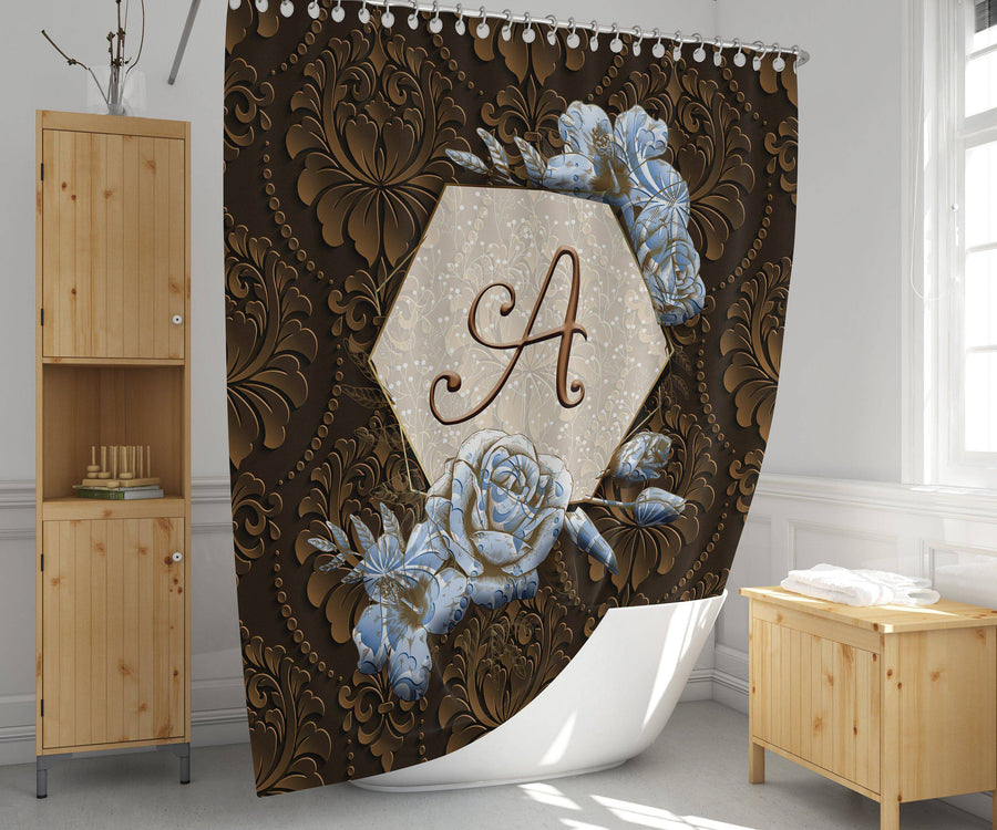 Personalized Farmhouse Monogram Shower Curtain | Chocolate Brown | Blue or Mint Floral Frame - Deja Blue Studios