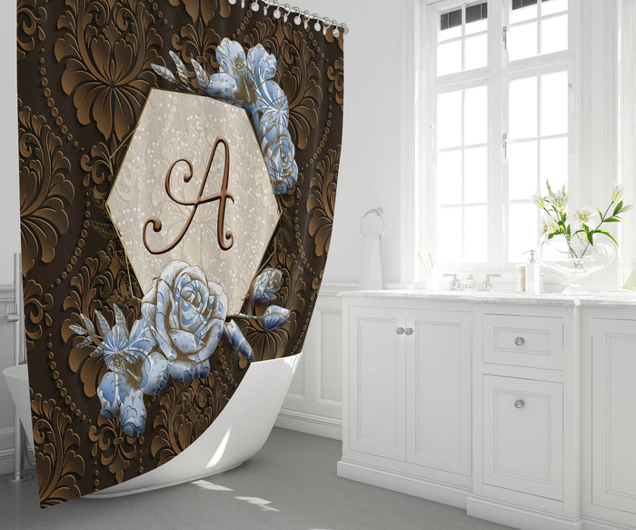 Personalized Farmhouse Monogram Shower Curtain | Chocolate Brown | Blue or Mint Floral Frame - Deja Blue Studios