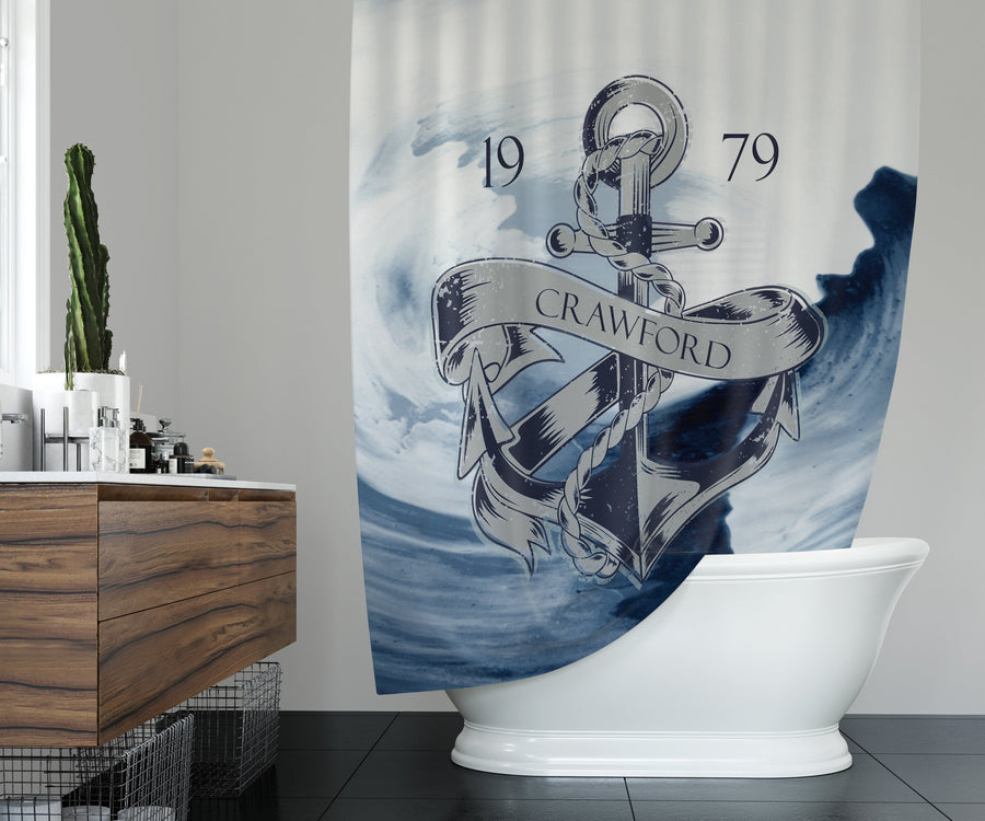 Personalized Nautical Shower Curtain | Anchor and Waves | Ocean Bath Decor - Deja Blue Studios