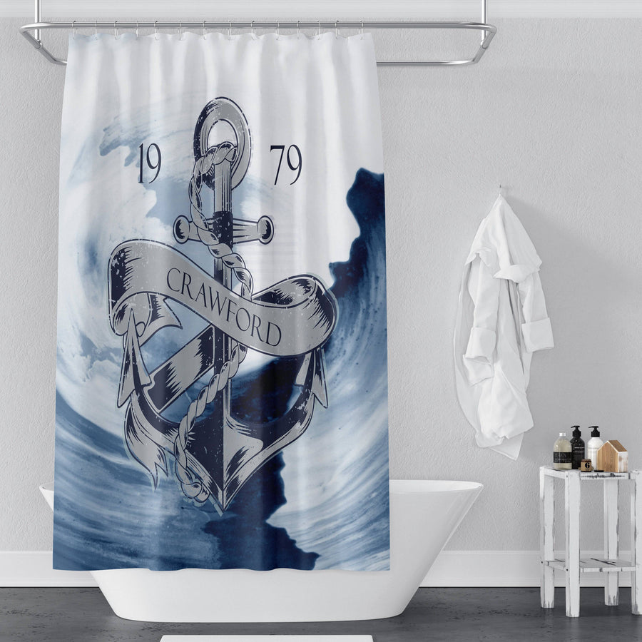 Personalized Nautical Shower Curtain | Anchor and Waves | Ocean Bath Decor - Deja Blue Studios
