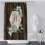 Personalized Farmhouse Monogram Shower Curtain | Chocolate Brown | Blue or Mint Floral Frame - Deja Blue Studios