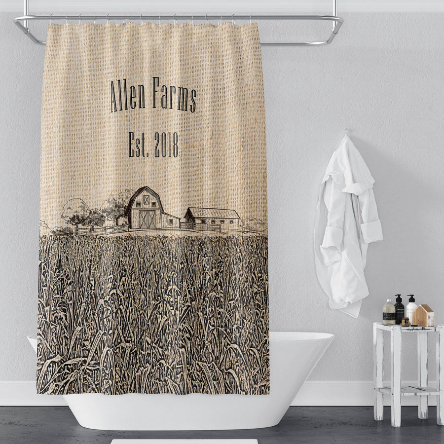 Personalized Rustic Corn Field Shower Curtain | Farmhouse Shower Curtain - Deja Blue Studios