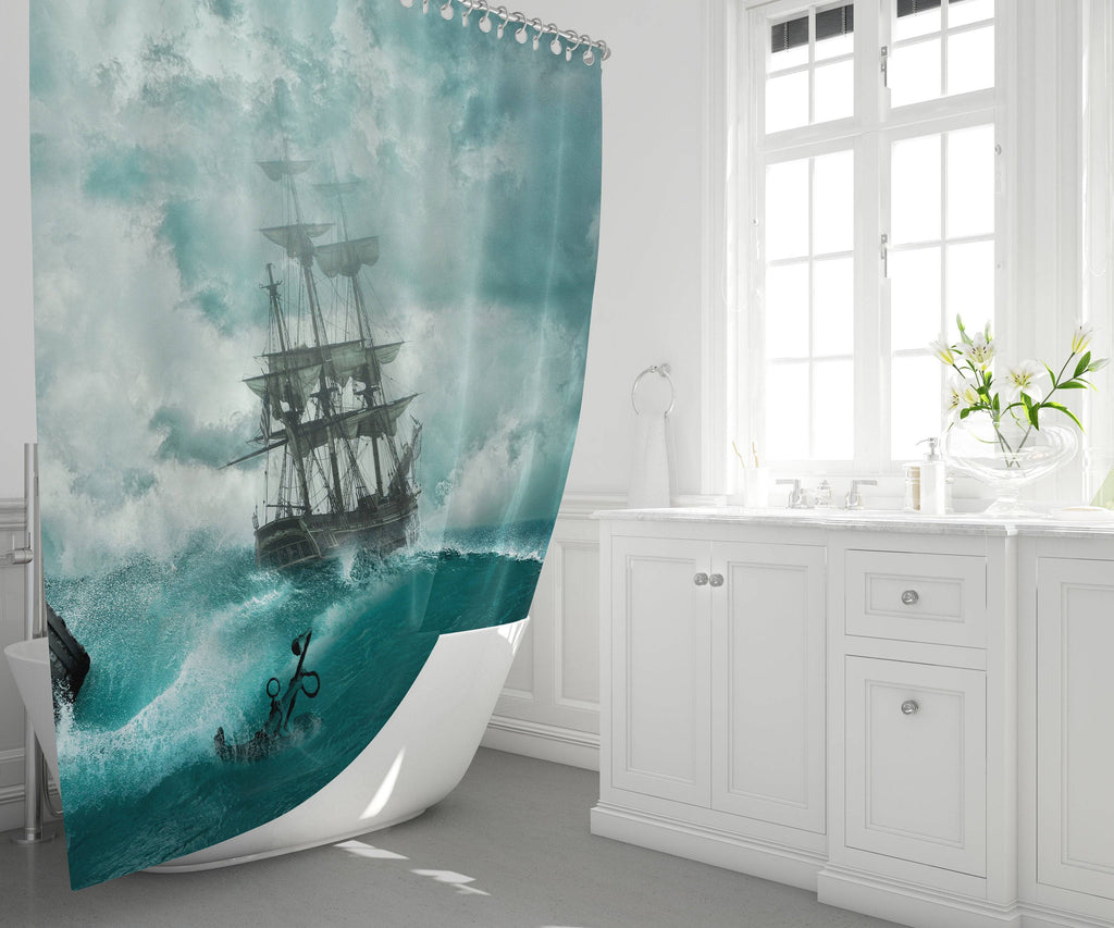 Blue Nautical Shower Curtain | Old Ship On the Sea | Long and Extra Long Curtain - Deja Blue Studios