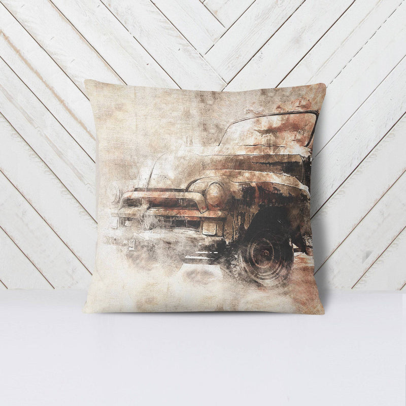 Rustic Vintage Car Throw Pillow | Grunge, Old Auto, Brown Sofa Cushion - Deja Blue Studios