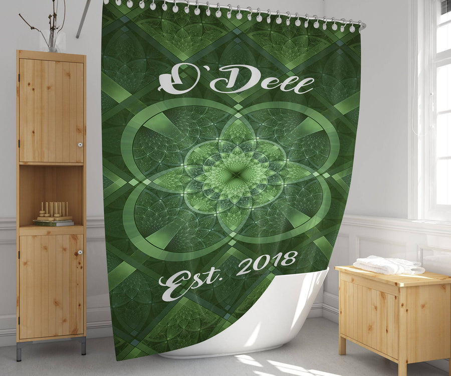 Personalized Fractal Shamrock Shower Curtain | Family Name, Established Date, Gift, Irish, Ireland, Emerald Green - Deja Blue Studios