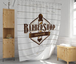 Personalized Rustic Barbershop Shower Curtain | White Wood, Brown Logo, Barber Gift, Bathroom Decor - Deja Blue Studios