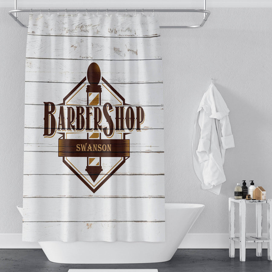 Personalized Rustic Barbershop Shower Curtain | White Wood, Brown Logo, Barber Gift, Bathroom Decor - Deja Blue Studios
