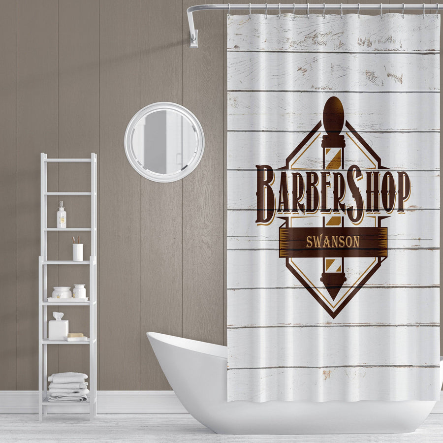 Personalized Rustic Barbershop Shower Curtain | White Wood, Brown Logo, Barber Gift, Bathroom Decor - Deja Blue Studios