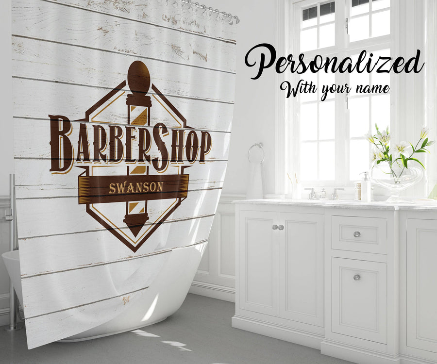Personalized Rustic Barbershop Shower Curtain | White Wood, Brown Logo, Barber Gift, Bathroom Decor - Deja Blue Studios