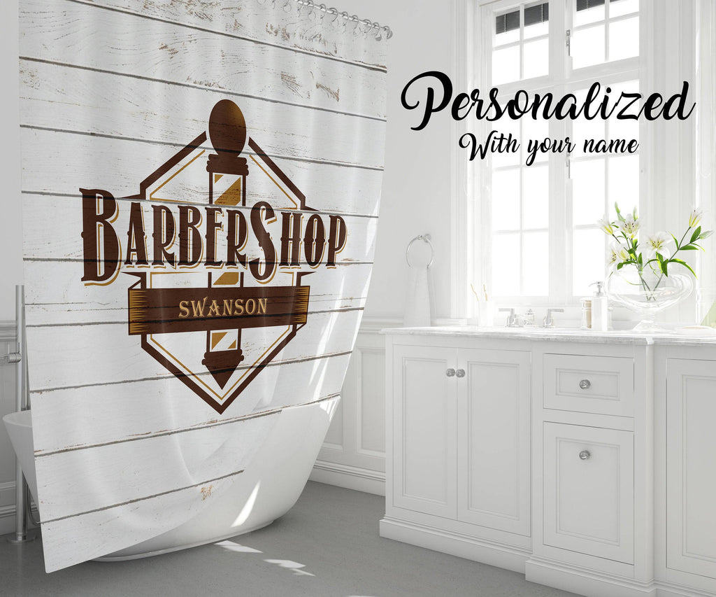 Personalized Rustic Barbershop Shower Curtain | White Wood, Brown Logo, Barber Gift, Bathroom Decor - Deja Blue Studios
