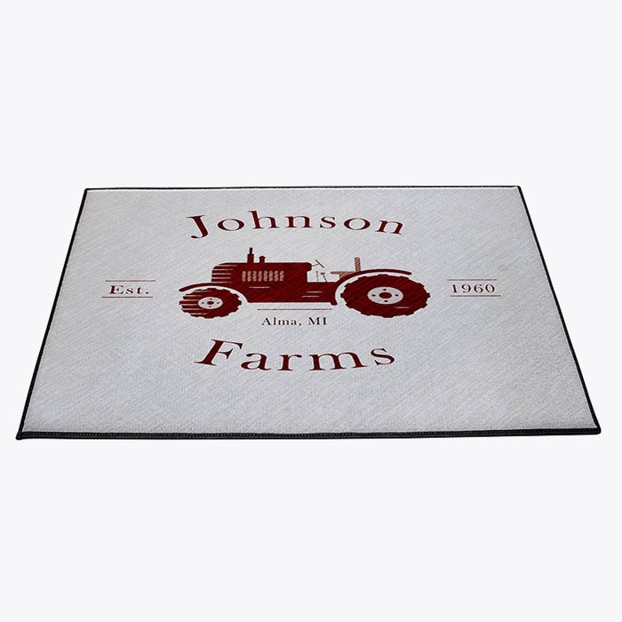 Personalized Red Tractor Door Rug | Looped Polyester | Black Trimmed | Durgan Non Slip Backing - Deja Blue Studios