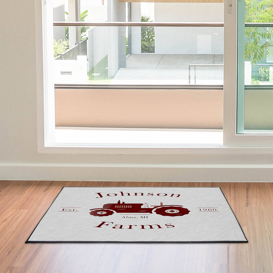 Personalized Red Tractor Door Rug | Looped Polyester | Black Trimmed | Durgan Non Slip Backing - Deja Blue Studios