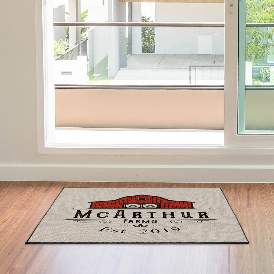 Personalized Red Barn Farmhouse Door Rug | Looped Polyester | Black Trimmed | Durgan Non Slip Backing - Deja Blue Studios