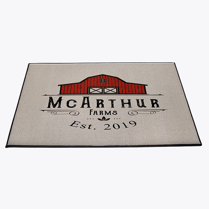 Personalized Red Barn Farmhouse Door Rug | Looped Polyester | Black Trimmed | Durgan Non Slip Backing - Deja Blue Studios