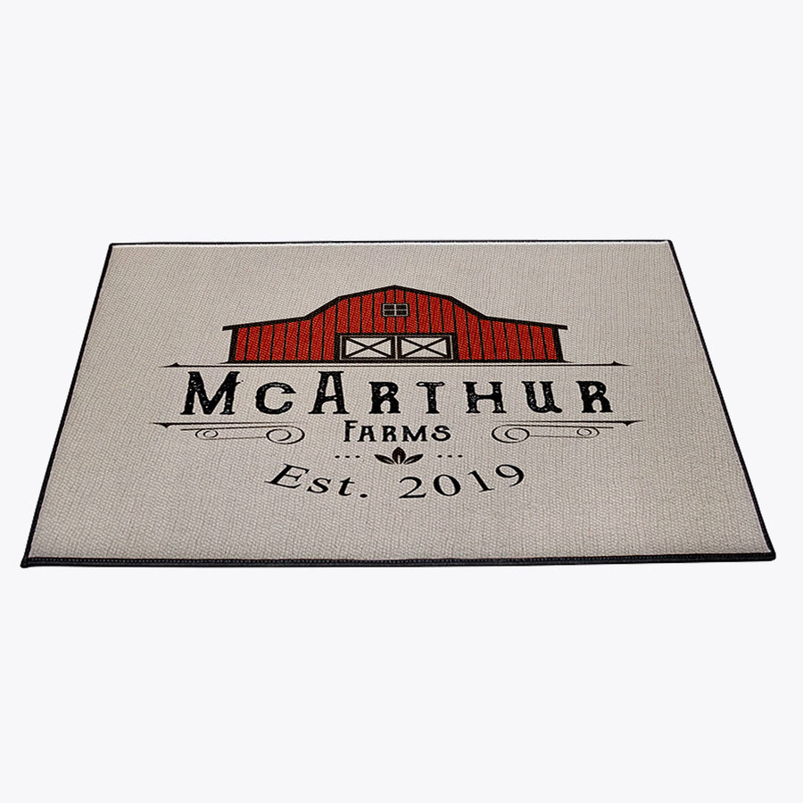 Personalized Red Barn Farmhouse Door Rug | Looped Polyester | Black Trimmed | Durgan Non Slip Backing - Deja Blue Studios
