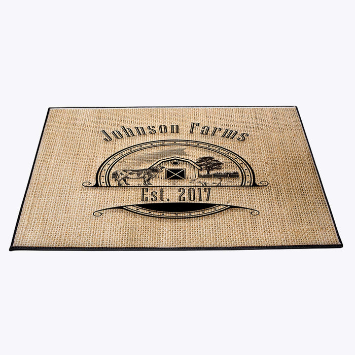 Personalized Faux Burlap Print Farmhouse Door Rug | Cow and Pig | Black Trimmed | Durgan Non Slip Backing - Deja Blue Studios