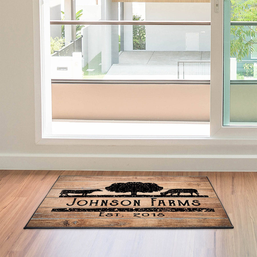 Personalized Rustic Angus Cow Farmhouse Door Rug | Rustic Wood Print | Front Doormat - Deja Blue Studios