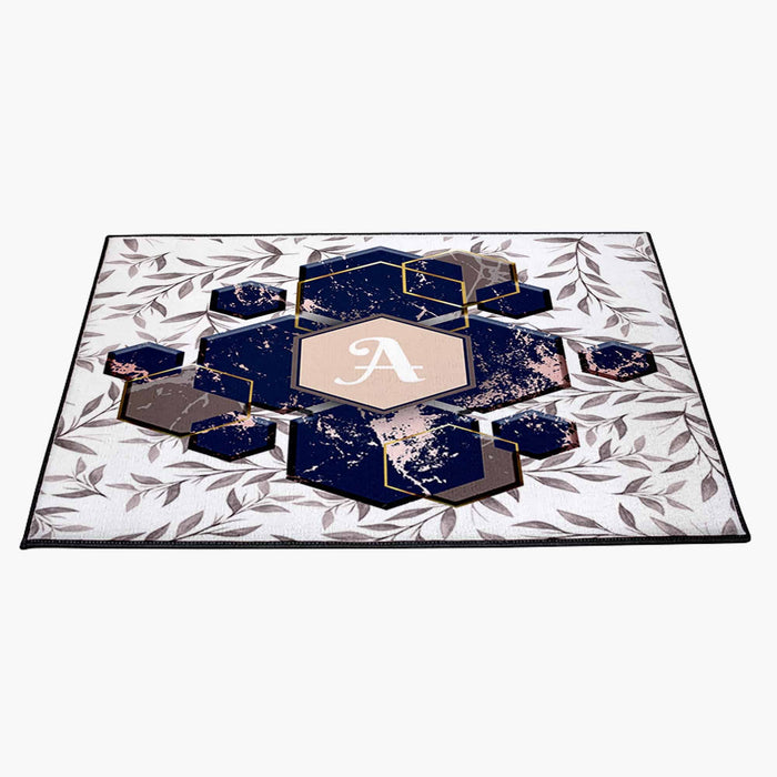 Personalized Monogram Door Rug | Chic Leafs | White and Blue Front Doormat - Deja Blue Studios