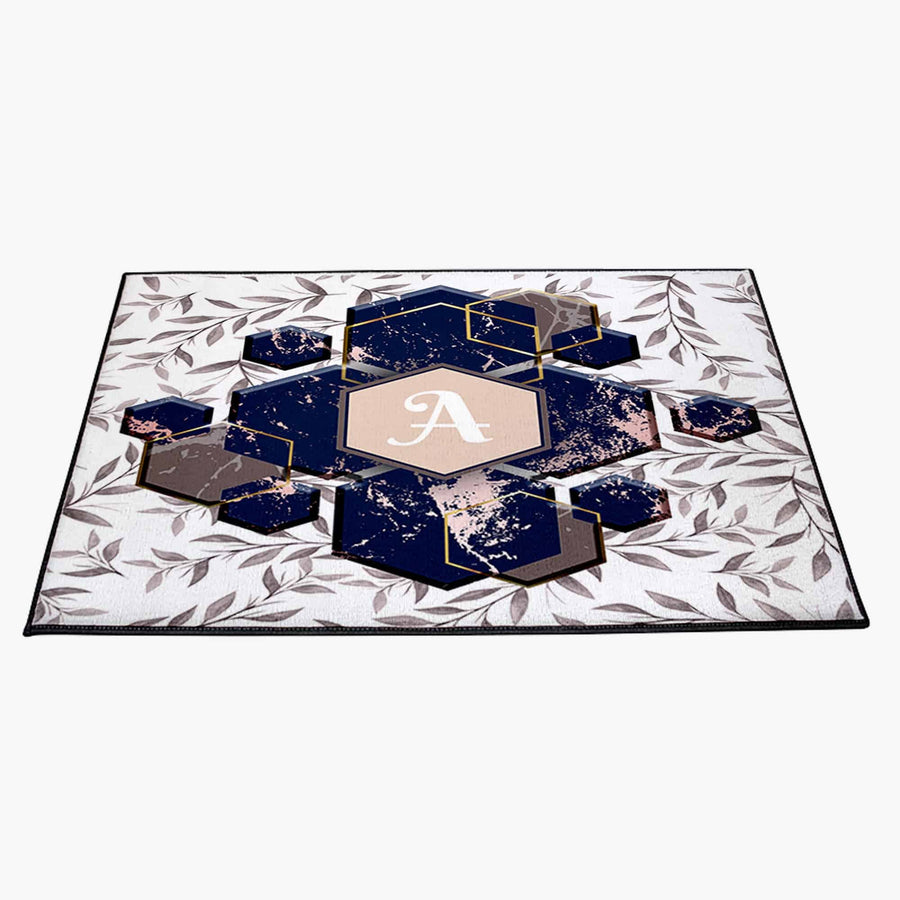 Personalized Monogram Door Rug | Chic Leafs | White and Blue Front Doormat - Deja Blue Studios