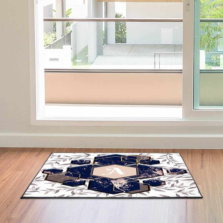 Personalized Monogram Door Rug | Chic Leafs | White and Blue Front Doormat - Deja Blue Studios