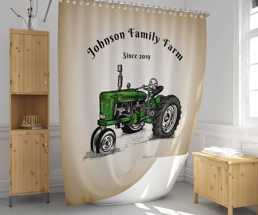 Personalized Green Tractor Farm Shower Curtain | Rustic Beige | Farmhouse, Country, Crops, Farm Gift - Deja Blue Studios