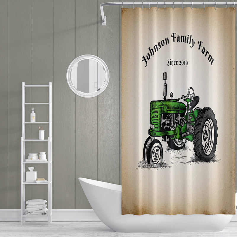 Personalized Green Tractor Farm Shower Curtain | Rustic Beige | Farmhouse, Country, Crops, Farm Gift - Deja Blue Studios