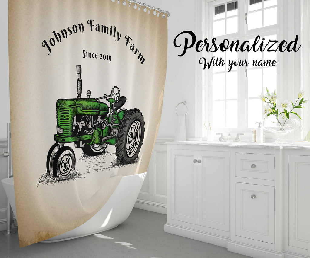 Personalized Green Tractor Farm Shower Curtain | Rustic Beige | Farmhouse, Country, Crops, Farm Gift - Deja Blue Studios