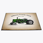 Personalized Farmhouse Doormat | Green Tractor | Door and Floor Rug | Rustic Beige | Farm Theme - Deja Blue Studios