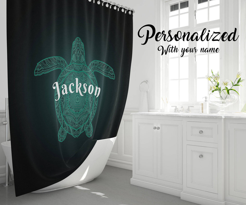 Personalized Sea Turtle Shower Curtain | Black and Teal | Mandala, Tortoise, Neon, Ocean Lover Gift - Deja Blue Studios