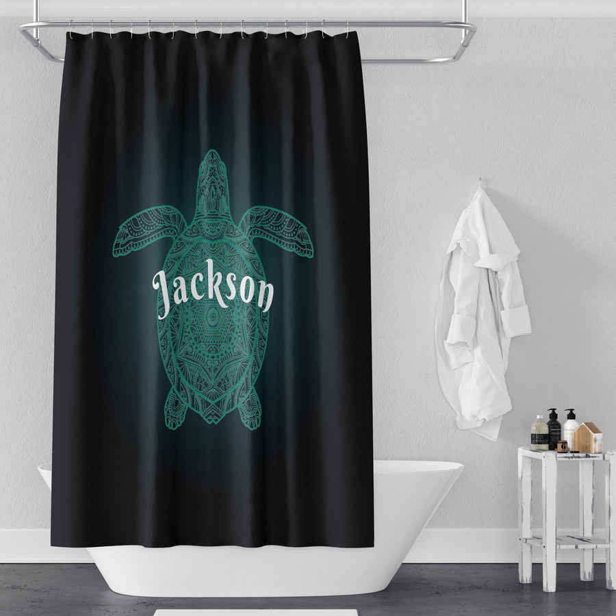 Personalized Sea Turtle Shower Curtain | Black and Teal | Mandala, Tortoise, Neon, Ocean Lover Gift - Deja Blue Studios