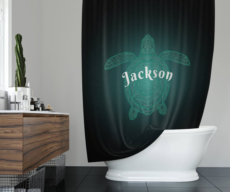 Personalized Sea Turtle Shower Curtain | Black and Teal | Mandala, Tortoise, Neon, Ocean Lover Gift - Deja Blue Studios