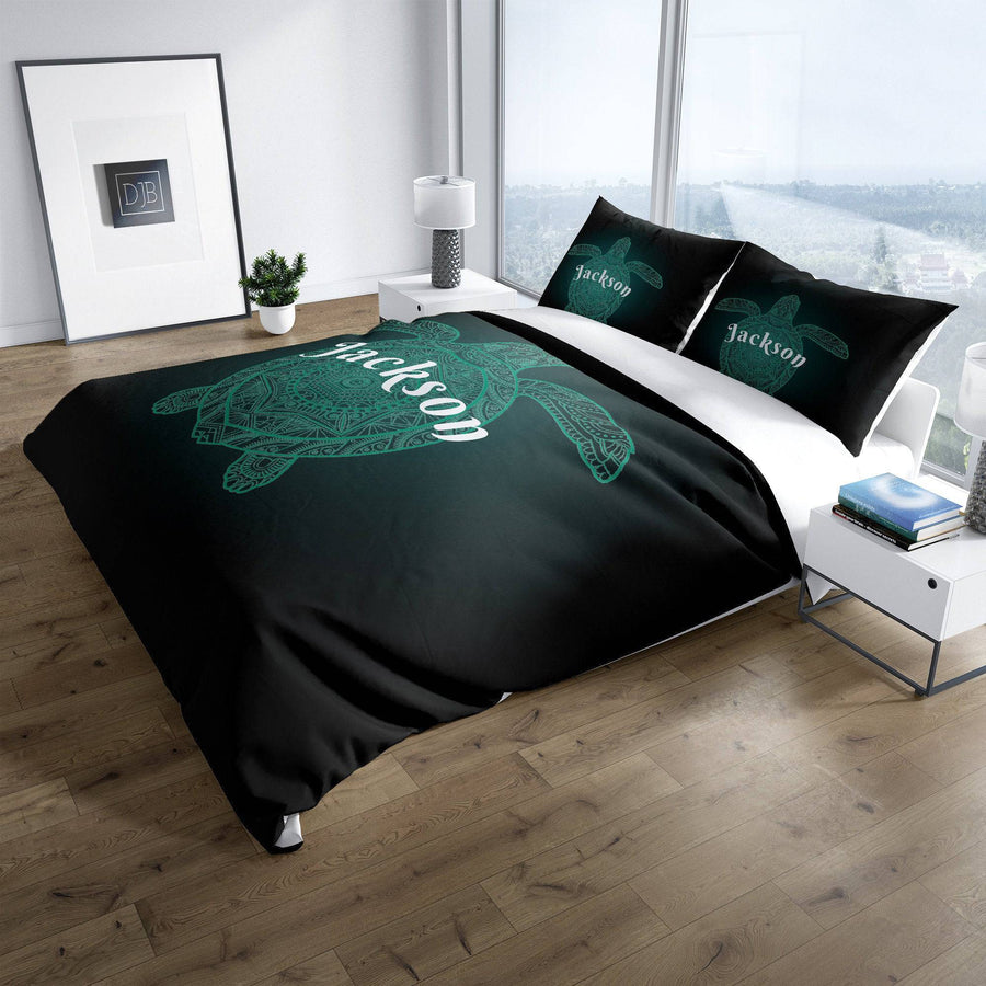 Personalized Green Turtle Comforter or Duvet Cover | Black and Green Bedding | Twin, Queen, King Size | Nautical Bedding - Deja Blue Studios
