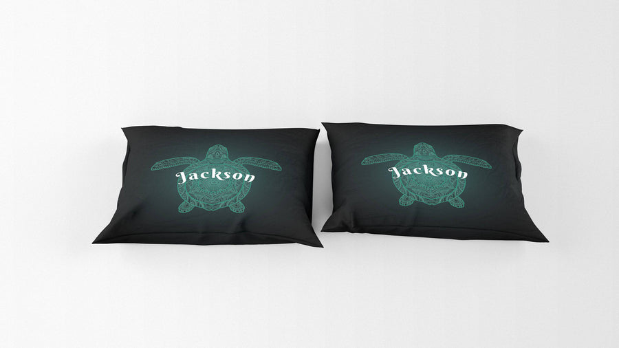 Personalized Green Turtle Comforter or Duvet Cover | Black and Green Bedding | Twin, Queen, King Size | Nautical Bedding - Deja Blue Studios