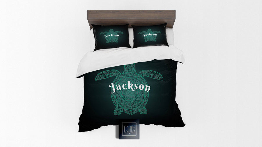 Personalized Green Turtle Comforter or Duvet Cover | Black and Green Bedding | Twin, Queen, King Size | Nautical Bedding - Deja Blue Studios