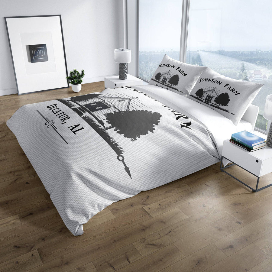 Personalized Old Farmhouse Schoolhouse Comforter or Duvet Cover | Chic Bedding | Twin, Queen, King Size | Farm Style Bed - Deja Blue Studios