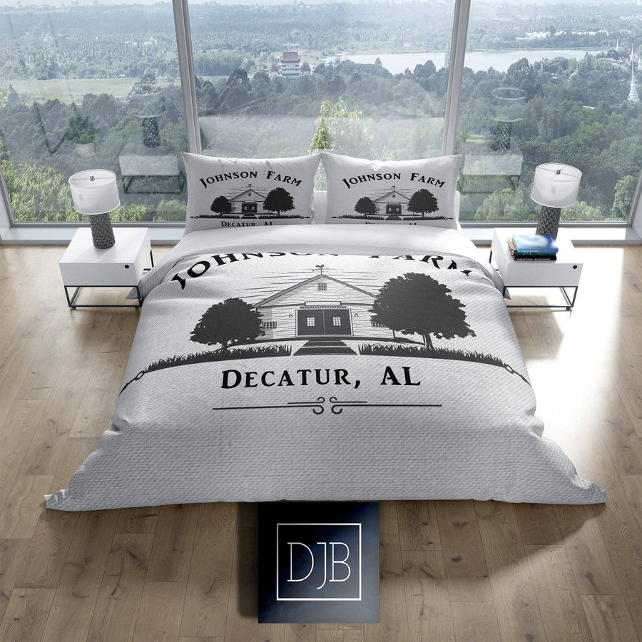 Personalized Old Farmhouse Schoolhouse Comforter or Duvet Cover | Chic Bedding | Twin, Queen, King Size | Farm Style Bed - Deja Blue Studios