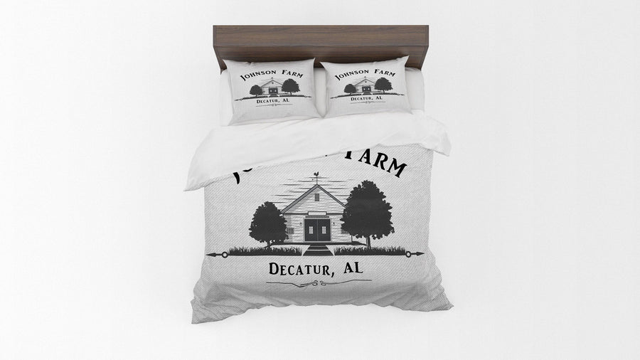 Personalized Old Farmhouse Schoolhouse Comforter or Duvet Cover | Chic Bedding | Twin, Queen, King Size | Farm Style Bed - Deja Blue Studios