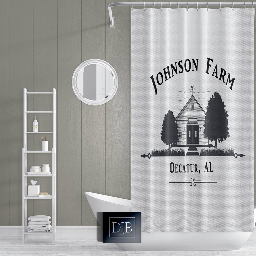 Personalized Old Schoolhouse Farm Shower Curtain | Black and Gray | Minimalist Farmhouse, Country Decor - Deja Blue Studios