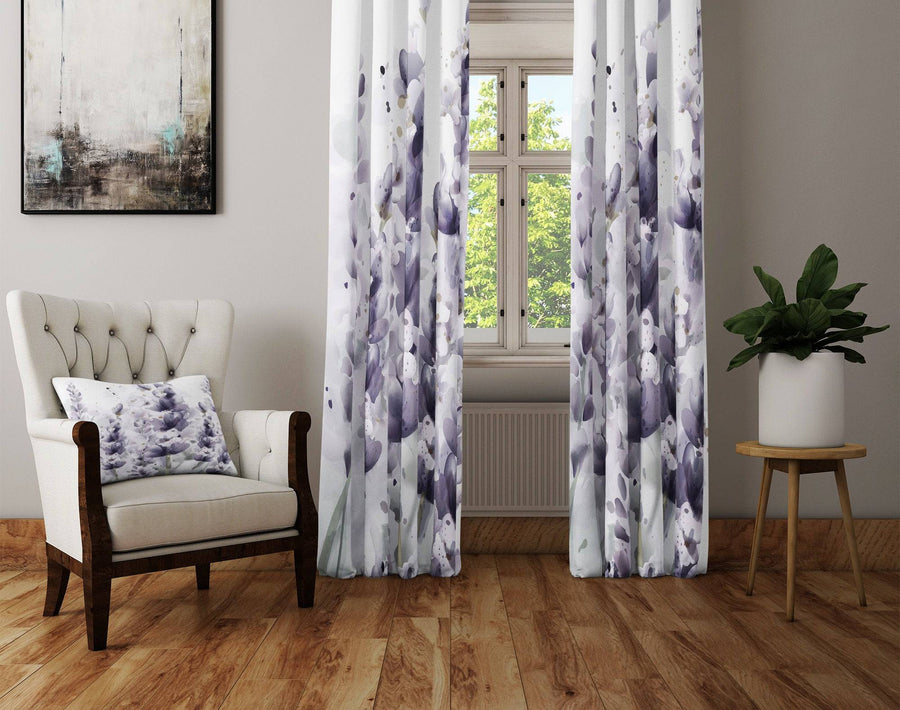 Chic Watercolor Lavender Floral Window Curtain - Deja Blue Studios