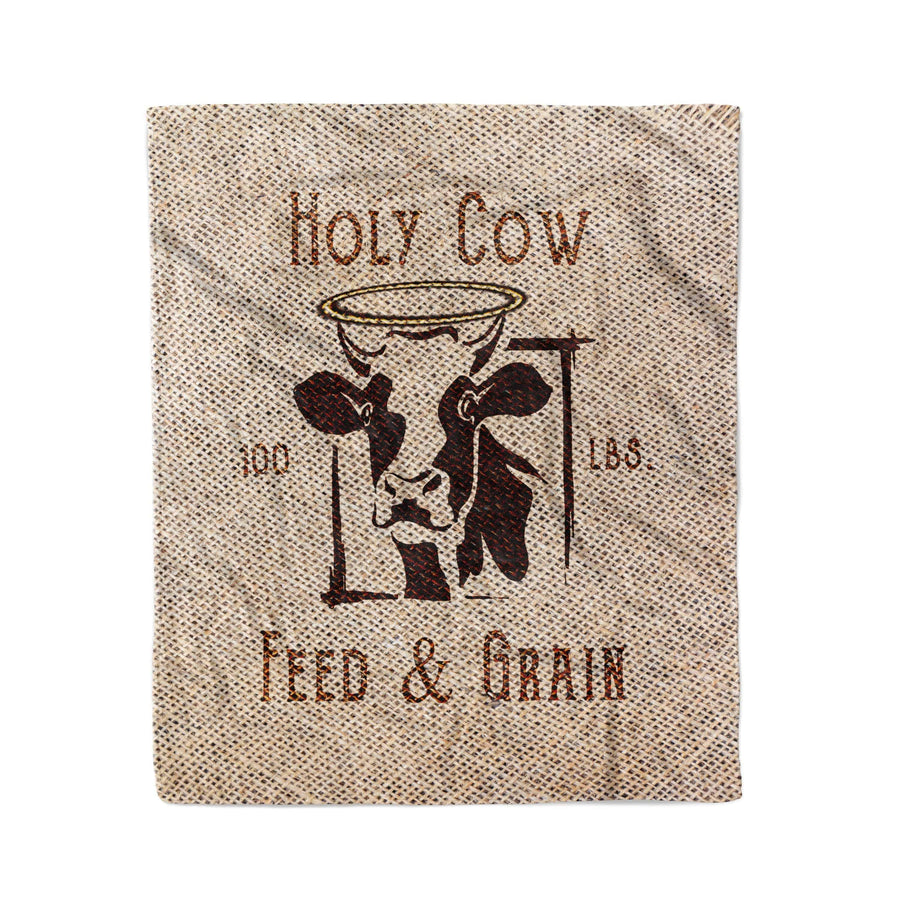 Farmhouse Cow Fleece Blanket | Fleece and Minky Living Room Throw | Holy Cow | Feed Sack - Deja Blue Studios