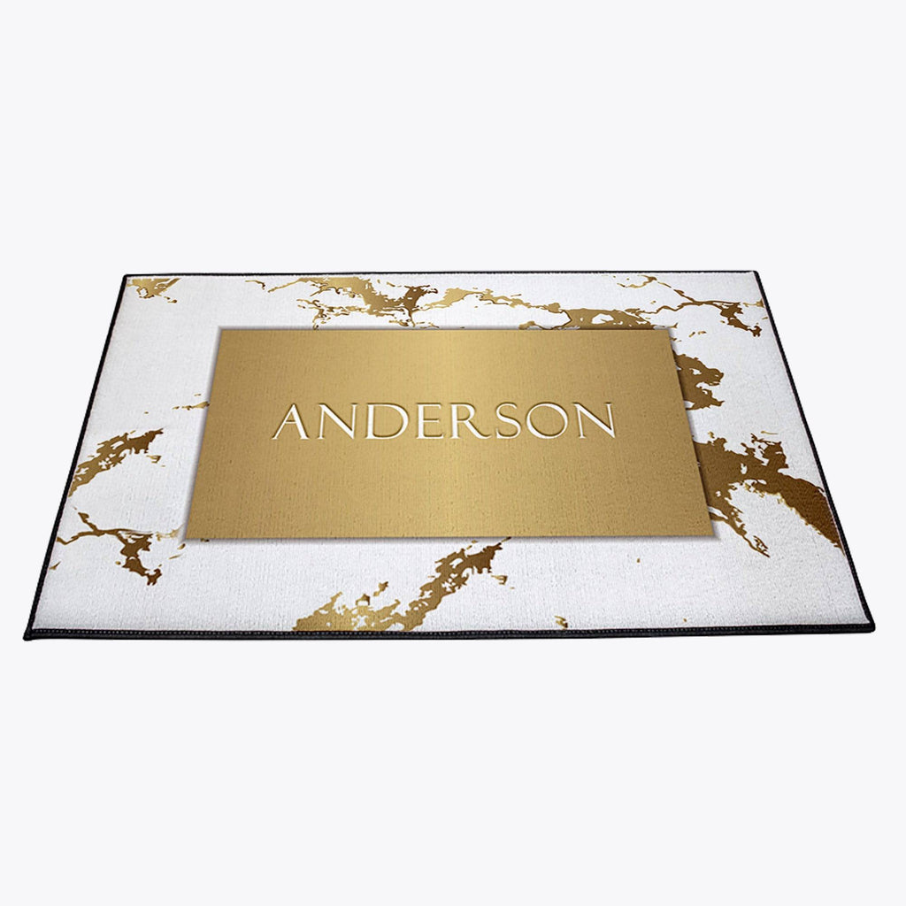 Personalized White and Gold Doormat | Marble Print | Door and Floor Rug | Contemporary, Modern, Personalized Gift, New Homeowner - Deja Blue Studios