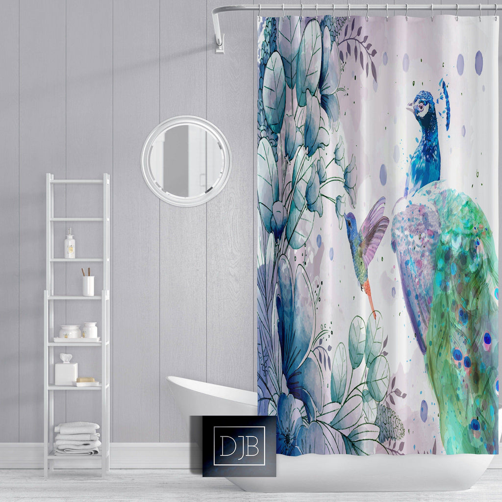 Watercolor Peacock and Humming Bird Shower Curtain - Deja Blue Studios
