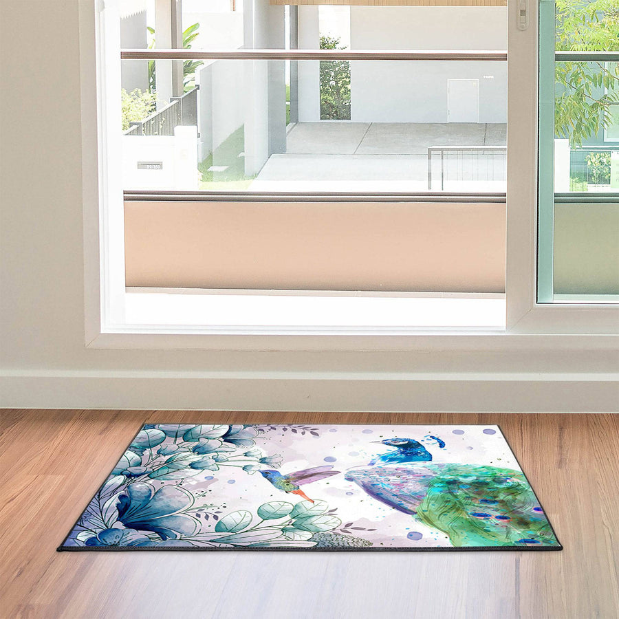 Watercolor Peacock and Humming Bird Door Mat - Deja Blue Studios