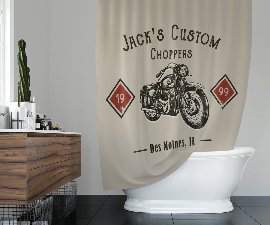 Personalized Motorcycle Shower Curtain | Custom Choppers | Beige Bathroom Decor | Garage Gift - Deja Blue Studios