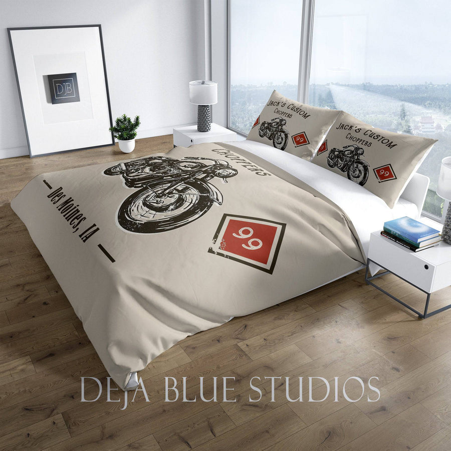 Personalized Motorcycle Comforter or Duvet Cover | Beige Bedding | Custom Chopper | Twin, Queen, King Size - Deja Blue Studios